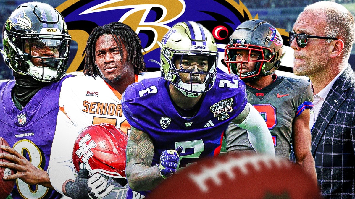 Ja'Lynn Polk, Patrick Paul, Josh Newton in the middle, Lamar Jackson and GM Eric DeCosta around them, and Baltimore Ravens wallpaper in the background