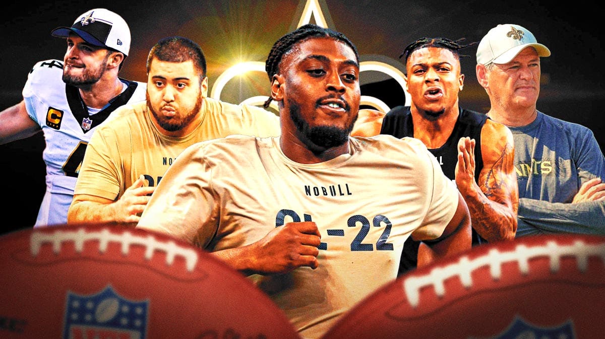 Javon Foster, Dominick Puni, Brenden Rice in the middle, Derek Carr and GM Mickey Loomis around them, and New Orleans Saints wallpaper in the background