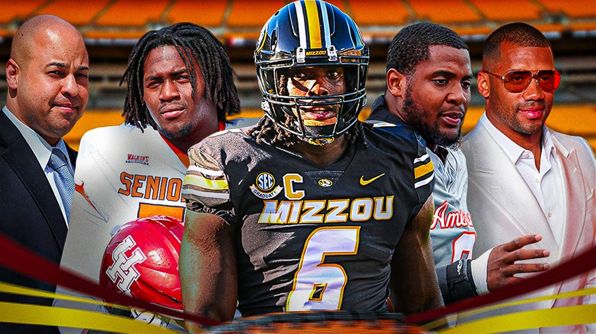 Patrick Paul, Darius Robinson, Nelson Ceaser in the middle, Russell Wilson and GM Omar Khan around them, and Pittsburgh Steelers wallpaper in the background