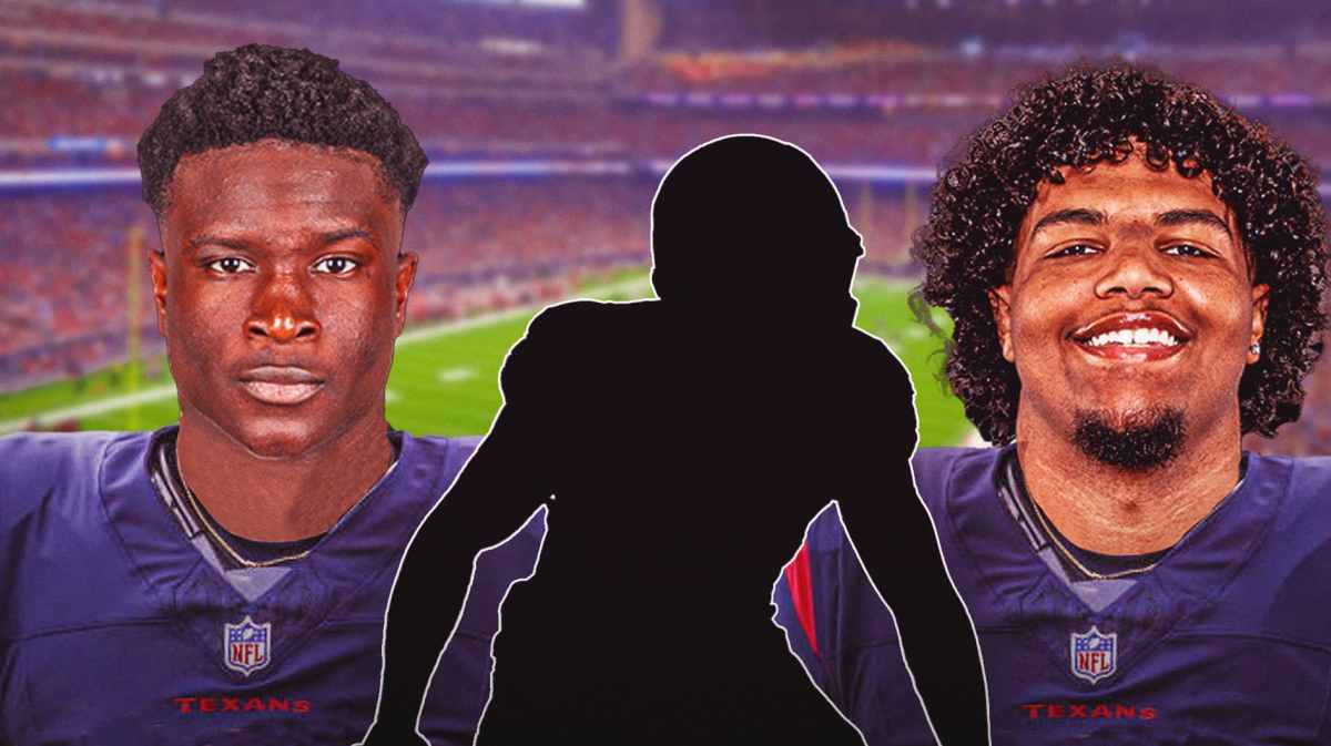 Kamari Lassiter and Marshawn Kneeland in Texans jersey. Silhouette of a player in the middle