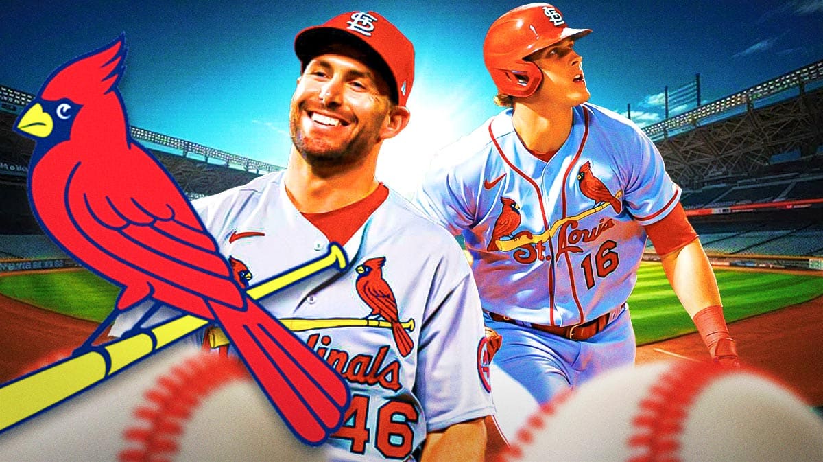 Paul Goldschmidt and Nolan Gorman looking stern, St. Louis Cardinals logo, baseball field in background