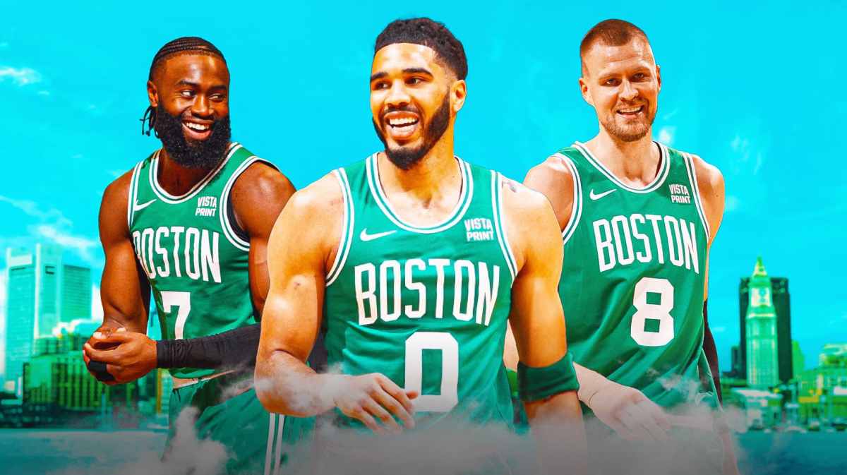 Jayson Tatum, Kristaps Porzingis, and Jaylen Brown all smiling on a Boston city background