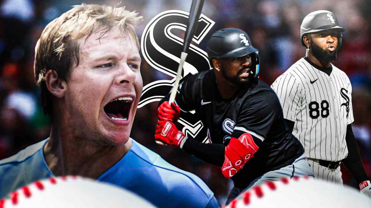Chris Getz in middle looking stern, Eloy Jímenez and Luis Robert Jr. on either side looking stern, Chicago White Sox logo, baseball field in background