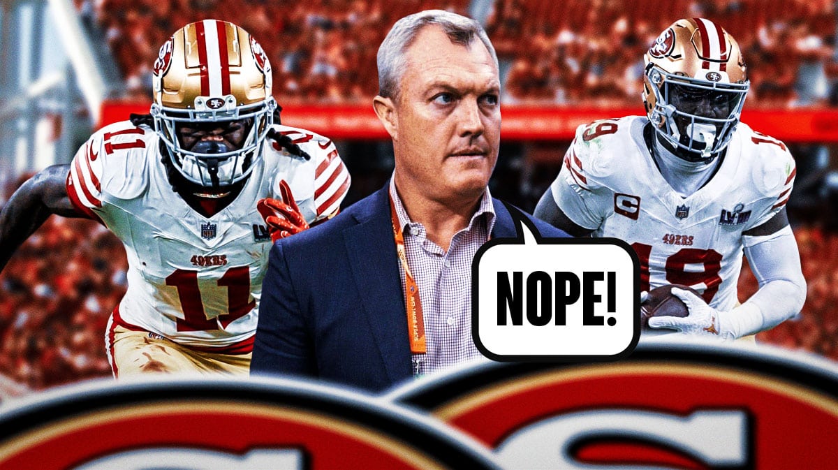 Photo: John Lynch saying "Nope!", Deebo Samuel, Brandon Aiyuk in action in 49ers jerseys beside him