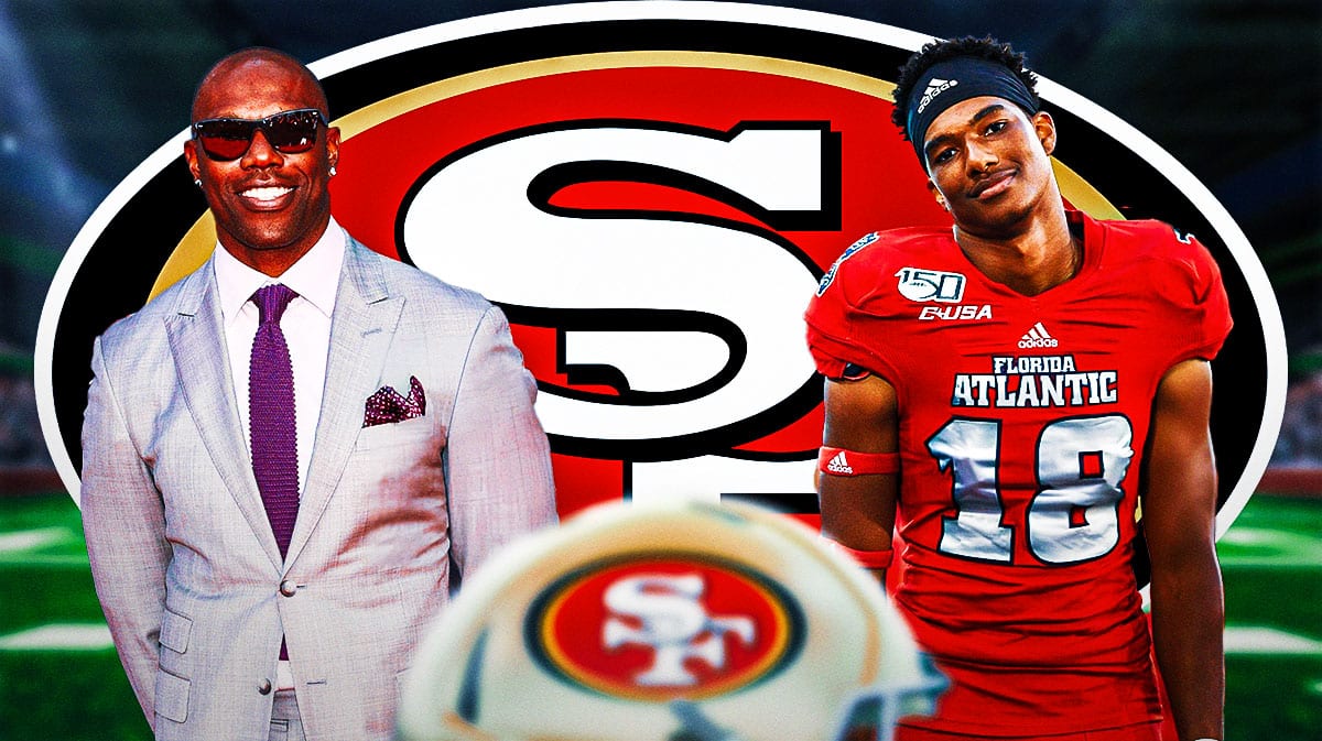Ex-49ers WR Terrell Owens stands next to son. NFL Draft logo in background
