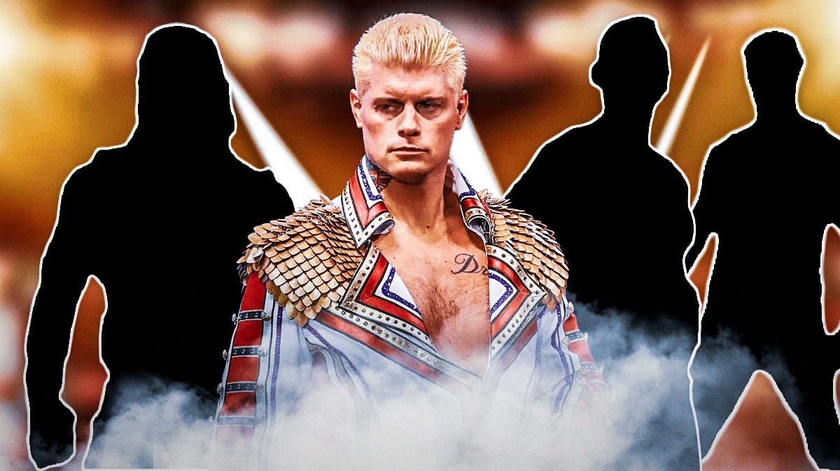 Cody Rhodes in a WWE ring next to the blacked-out silhouettes of Roman Reigns, Gunther, and Logan Paul with the WWE logo as the background.