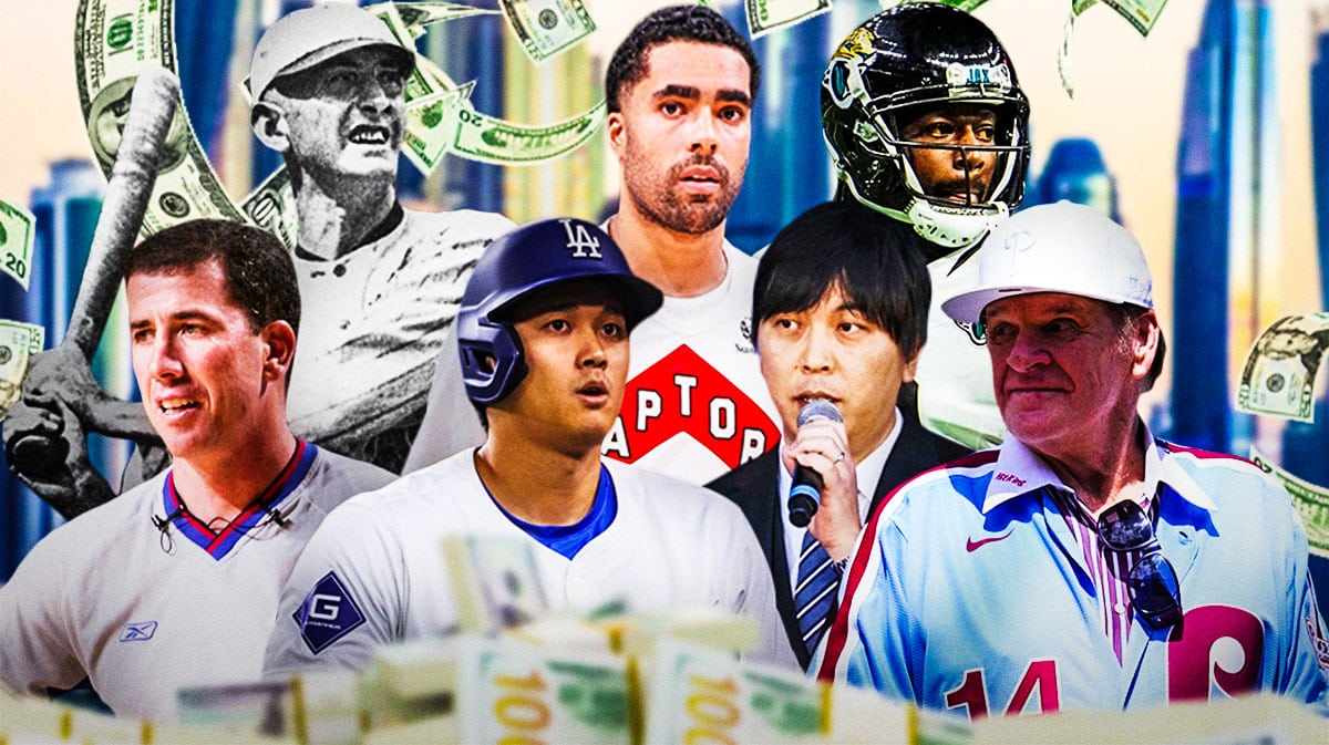 Tim Donaghy, Shohei Ohtani, Ippei Mizuhura, Pete Rose, Shoeless Joe Jackson, Jontay Porter, and Calvin Ridley, surrounded by money