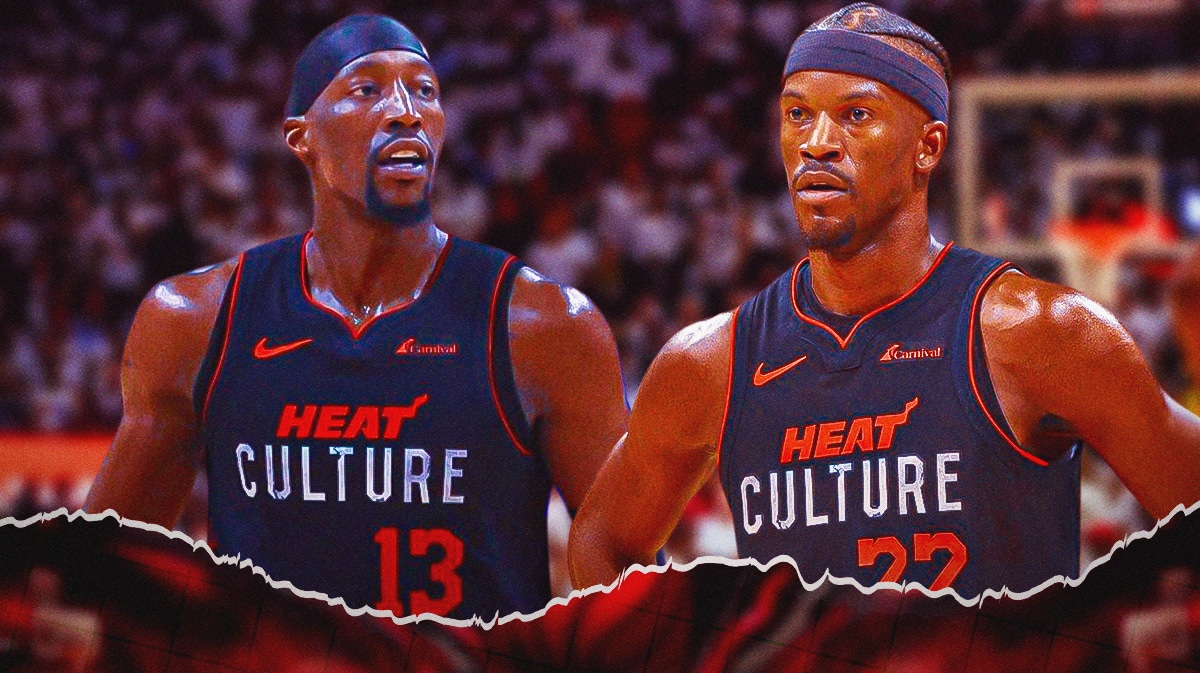 Miami Heat stars Bam Adebayo and Jimmy Butler in front of the Kaseya Center.