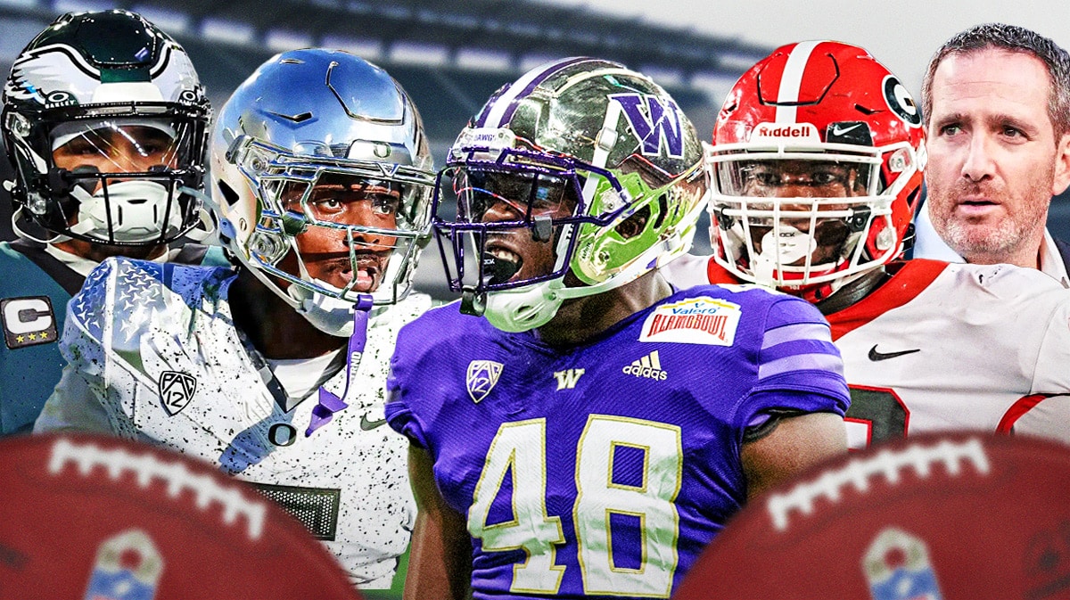 Khyree Jackson, Sedrick Van Pran, Edefuan Ulofoshio in the middle, Jalen Hurts and GM Howie Roseman around them, and Philadelphia Eagles wallpaper in the background