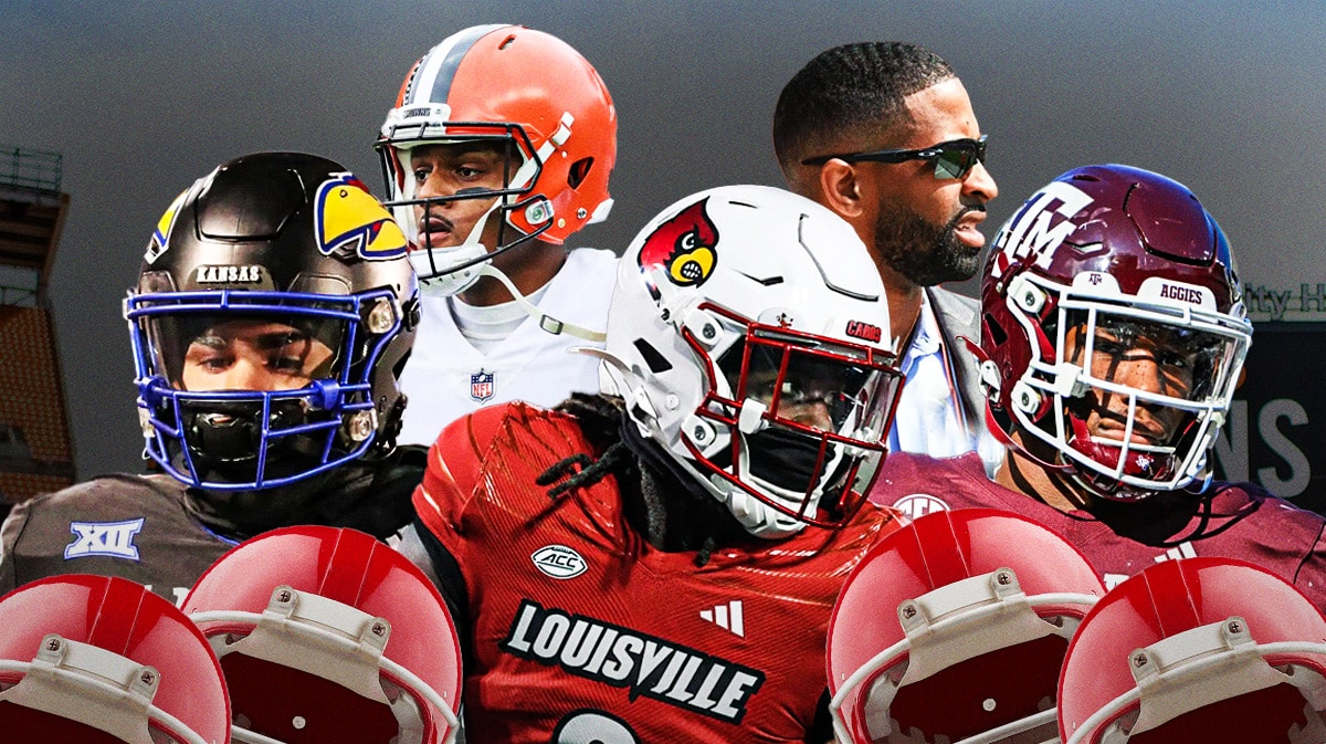 Austin Booker, Edgerrin Cooper, Jarvis Brownlee Jr in the middle, Deshaun Watson and GM Andrew Berry around them, and Cleveland Browns wallpaper in the background