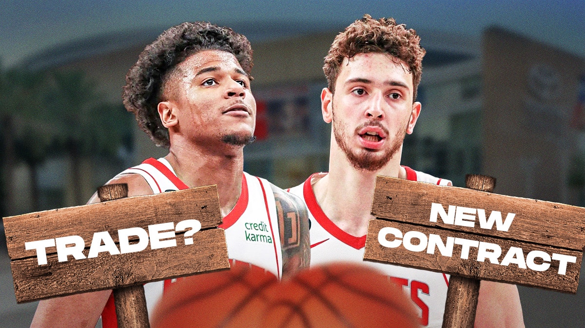 Rockets' Jalen Green and Alperen Sengun with "TRADE?" and "NEW CONTRACT" signs
