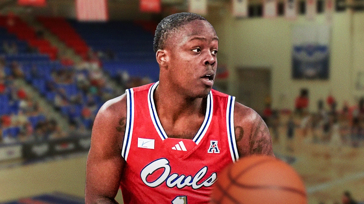Johnell Davis, Florida Atlantic basketball, Owls, Dusty May, Michigan basketball, Johnell Davis with FAU basketball arena in the background