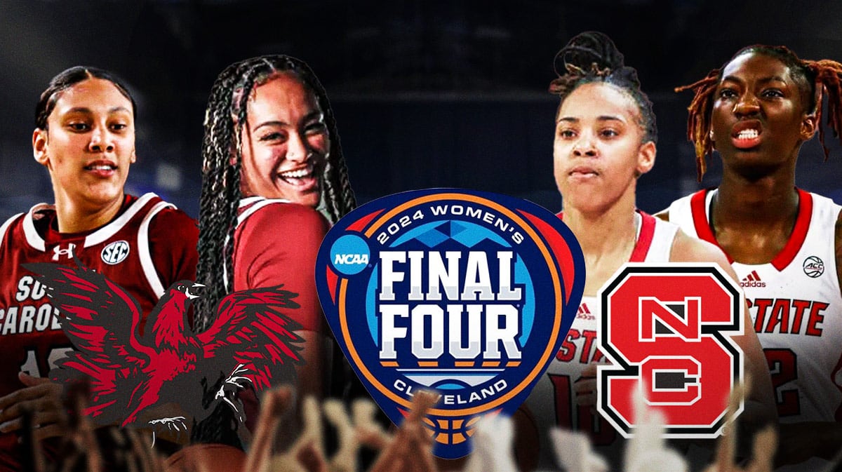Te-Hina Paopao, Kamilla Cardoso on one side with South Carolina logo. On the other side is Aziaha James and Saniya Rivers with NC State logo. In front if Women's Final Four logo.