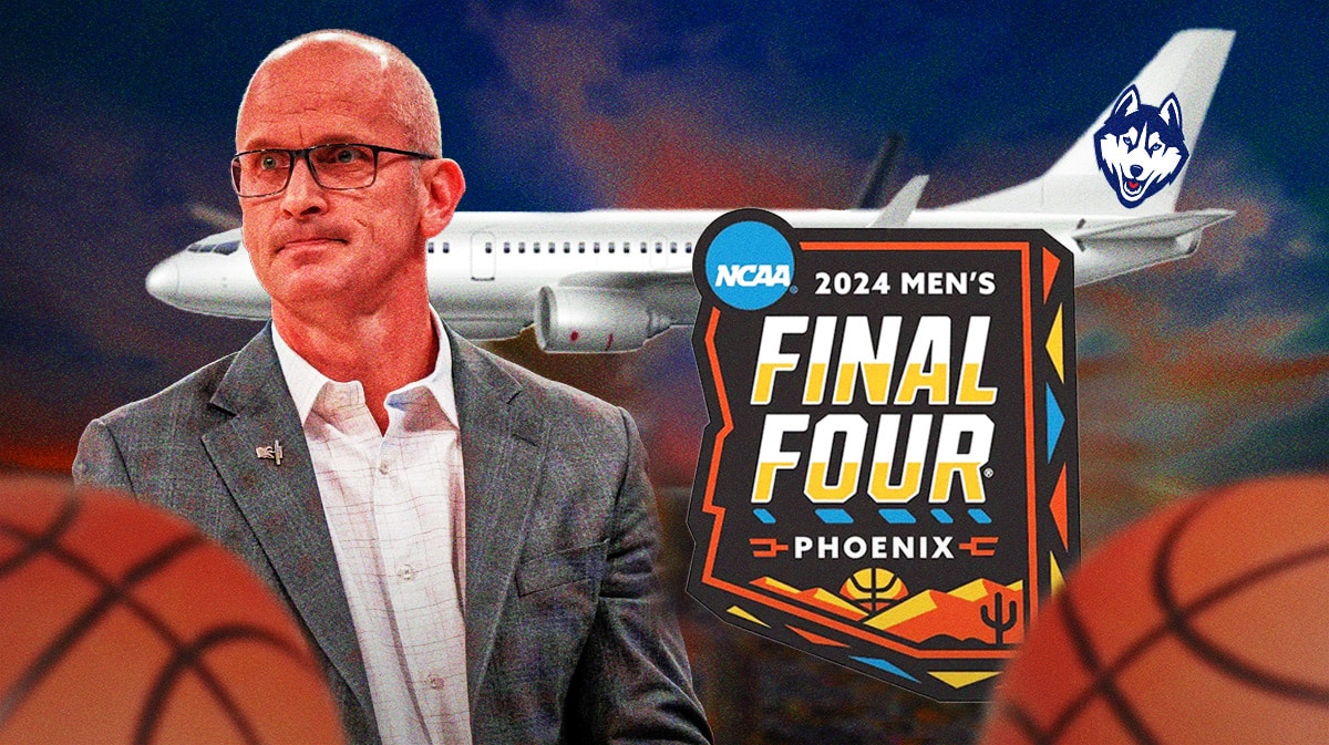 UConn coach Dan Hurley, a plane with a UConn logo on it, Final Four logo