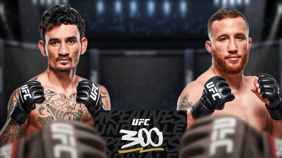 Max Holloway and Justin Gaethje with UFC 300 logo