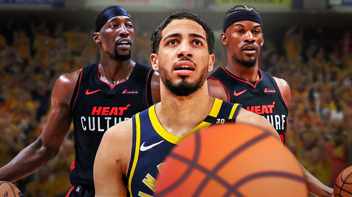 Pacers' Tyrese Haliburton with Heat's Bam Adebayo and Jimmy Butler