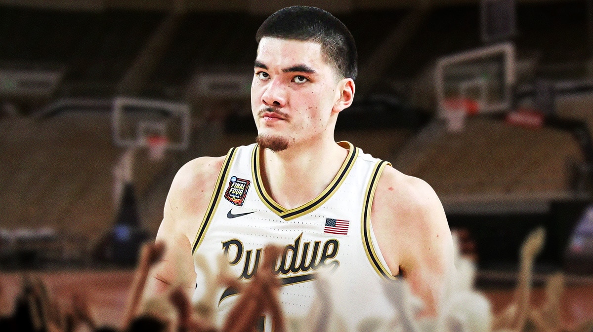 Purdue basketball star Zach Edey in front of State Farm arena.