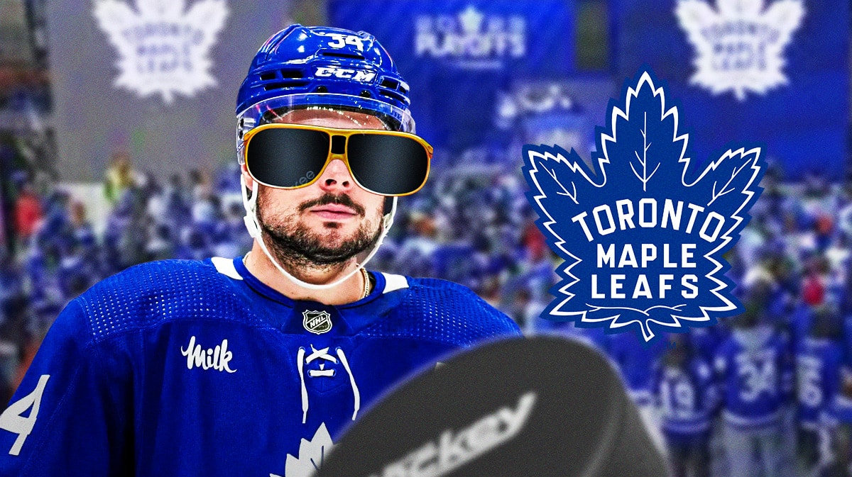 Toronto Maple Leafs center Auston Matthews wearing big sunglasses next to the Toronto Maple Leafs logo