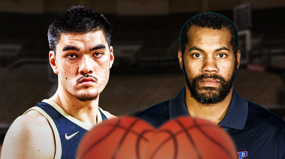 Purdue basketball star Zach Edey next to former player Rasheed Wallace in front of the Mackey Complex.