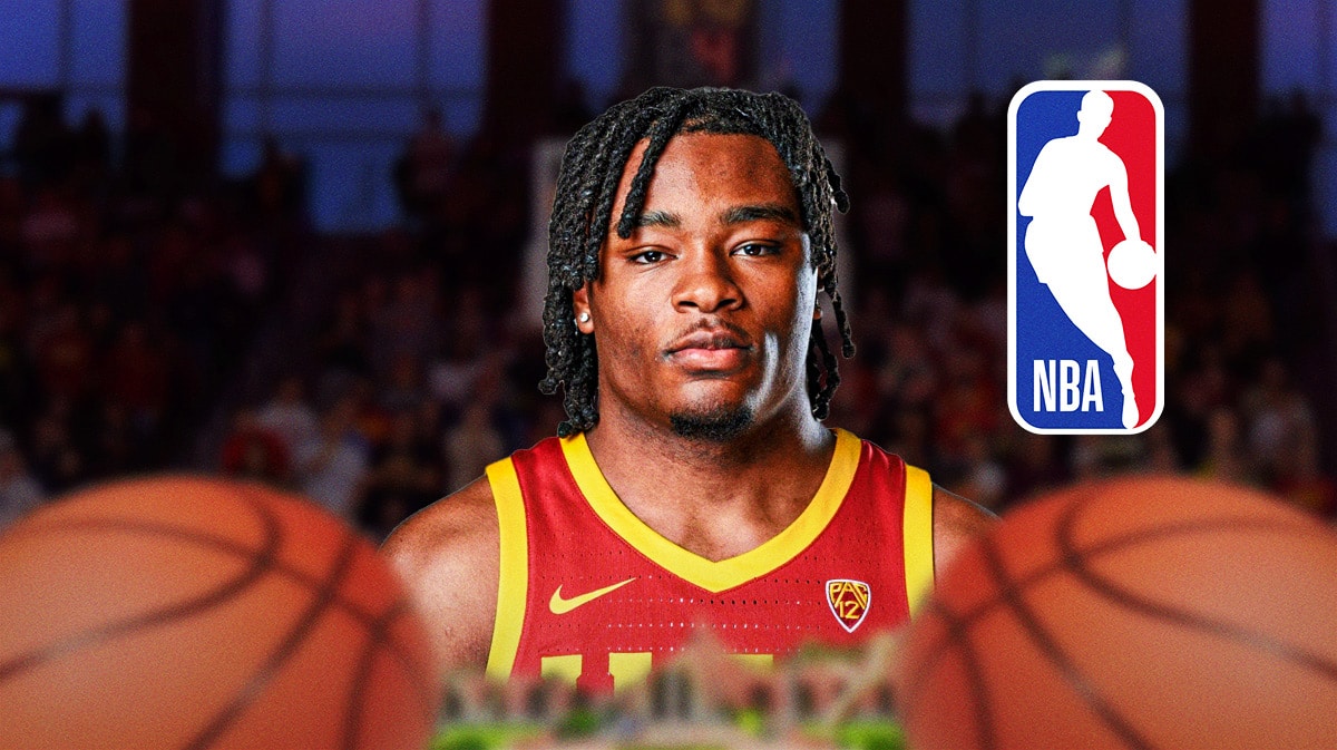 Isaiah Collier, USC basketball, Trojans, NBA Draft, Isaiah Collier NBA Draft, Isaiah Collier with NBA logo and USC basketball arena in the background