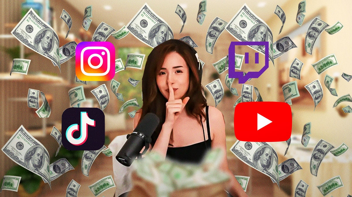Pokimane with Instagram, Youtube, Twitch, and TikTok logos and money raining.