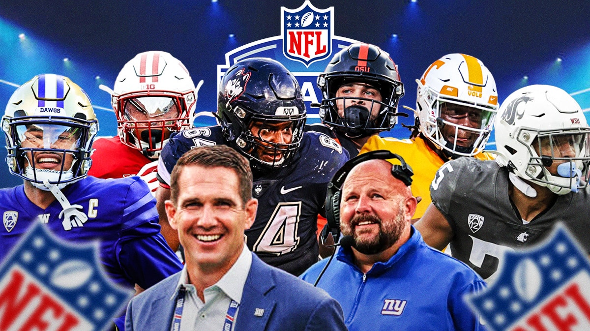 Giants Joe Schoen and Brian Daboll in the foreground surrounded by Rome Odunze (Washington), Jaden Hicks (Washington State), Christian Haynes (UConn), Braelon Allen (Wisconsin), Joe Milton III (Tennessee), and Anthony Gould (Oregon State) all in action for their college teams with a 2024 NFL Draft background.