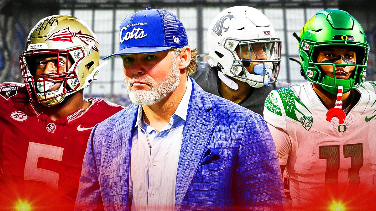 GM Chris Ballard in the middle, Jared Verse, Troy Franklin, Jaden Hicks around him, and Indianapolis Colts wallpaper in the background