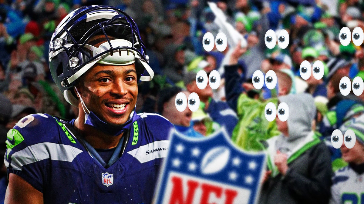 Tyler Lockett on one side, a bunch of Seattle Seahawks fans on the other side with the big eyes emoji over their faces