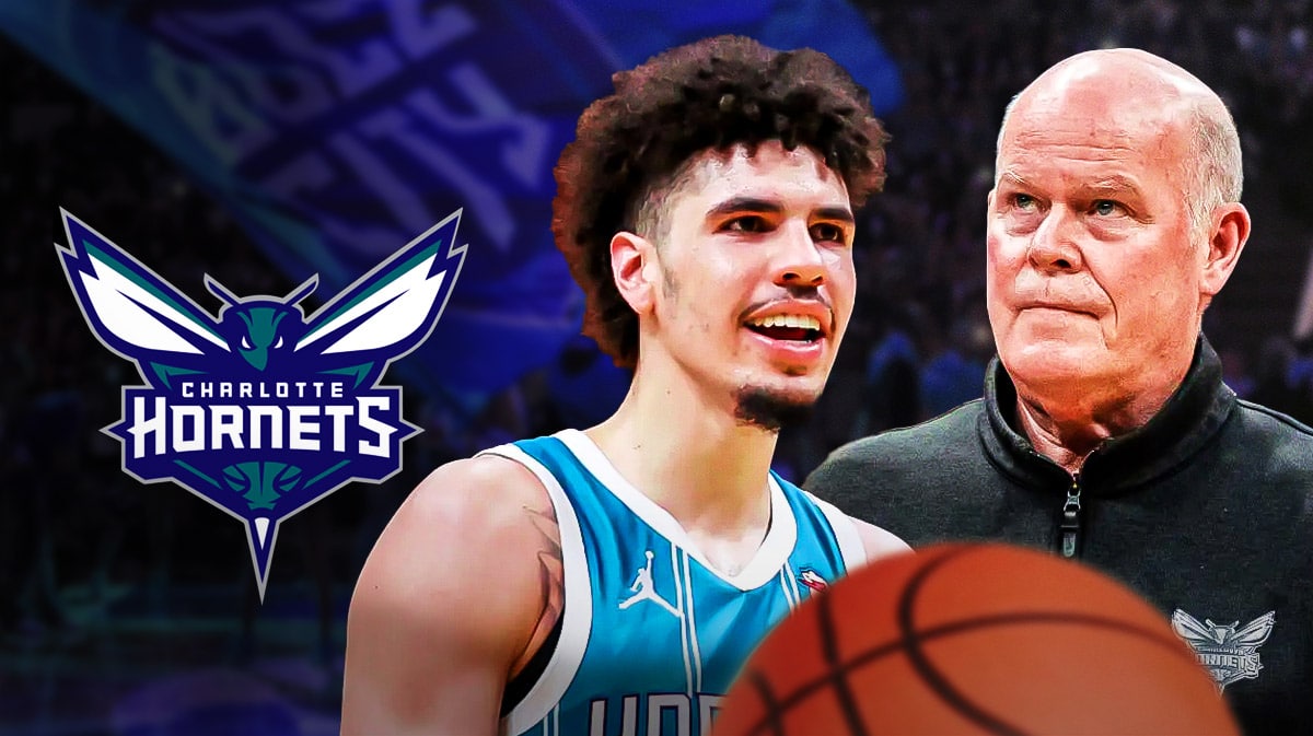 Hornets' LaMelo Ball standing next to Steve Clifford while defense stands in background, Hornets season ticket holders in stands