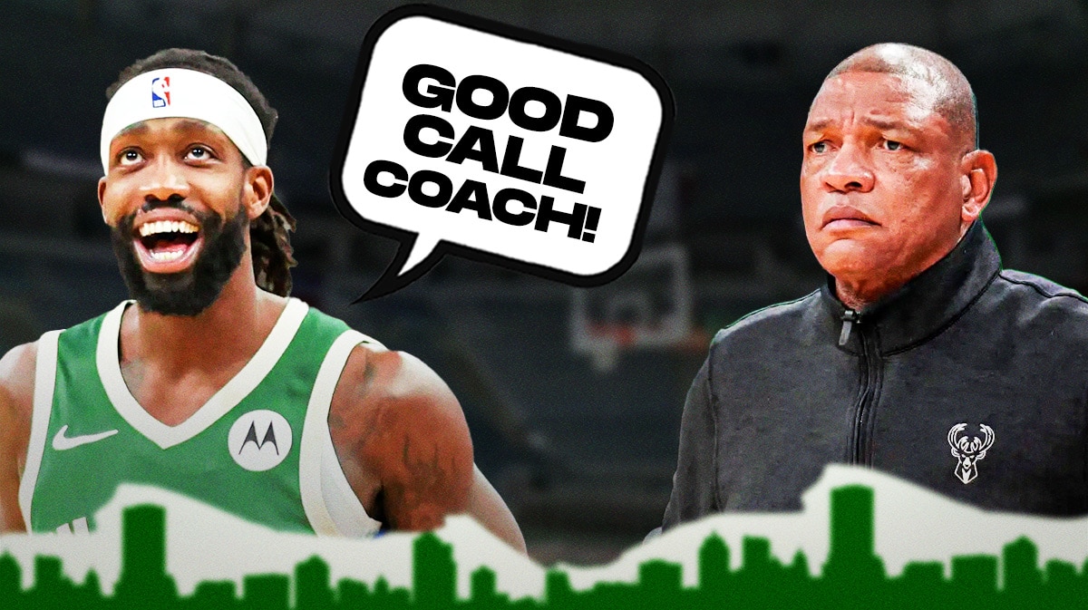 Patrick Beverley on one side with a speech bubble that says "Good call coach!" Doc Rivers on the other side