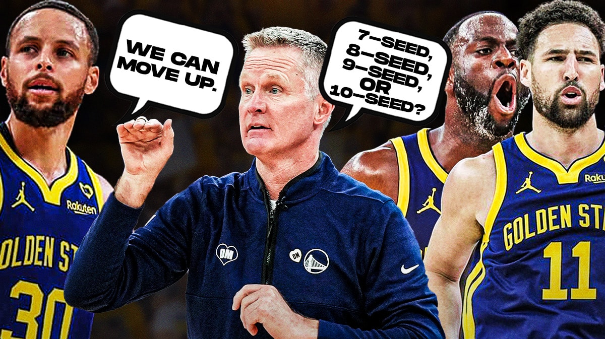 Warriors' Stephen Curry saying "We can move up" next to Steve Kerr listing the 7-seed through 10-seed.