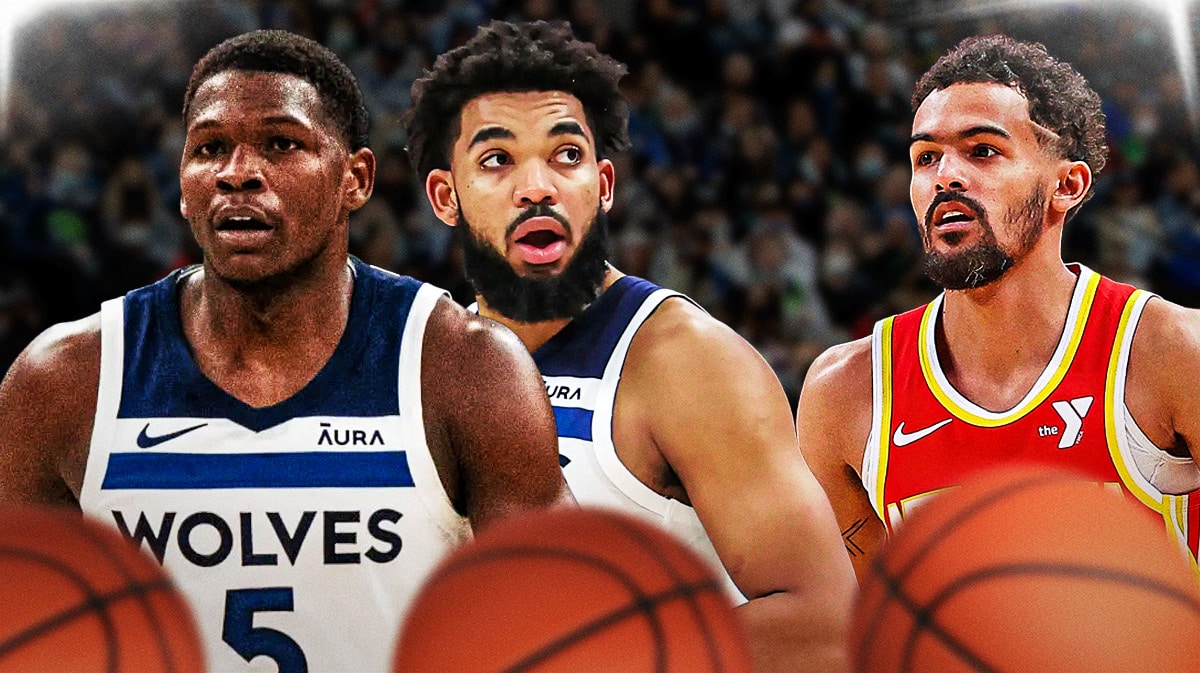 Imberwolves player Anthony Edwards and Karl-Anthony Towns looking at Hawks star Trae Young.