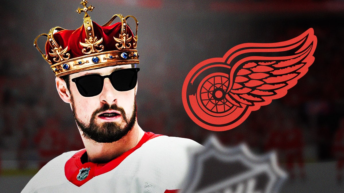 Detroit Red Wings center Dylan Larkin wearing a crown and sunglasses next to a logo of the Detroit Red Wings.