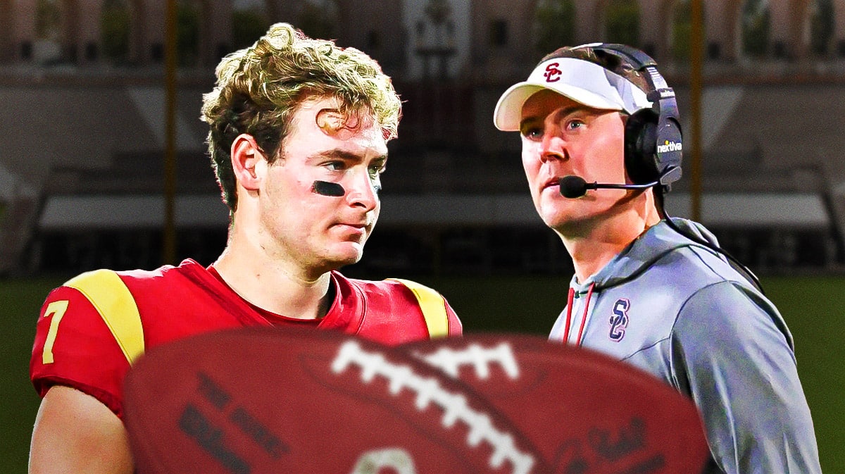 USC football, Trojans, Lincoln Riley, spring football, USC football spring game, Miller Moss and Lincoln Riley with USC football stadium in the background