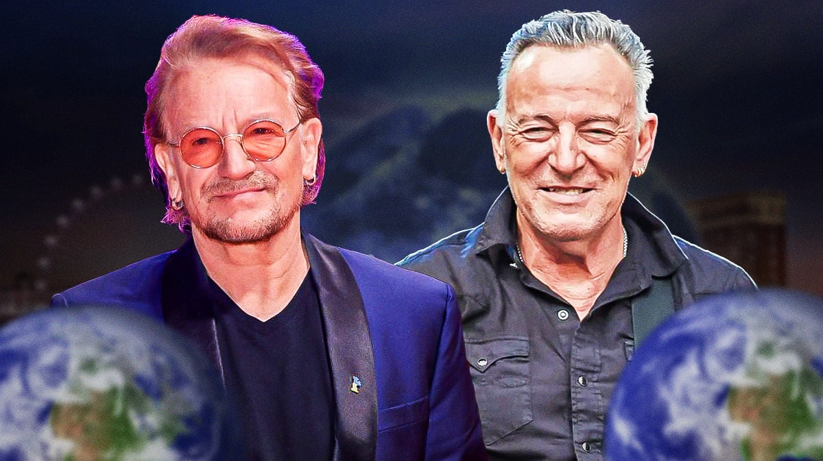 U2 singer Bono with Bruce Springsteen and Sphere background.