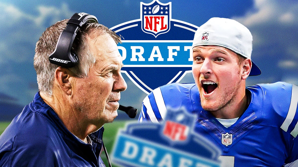 Bill Belichick next to Pat McAfee, NFL Draft logo behind them