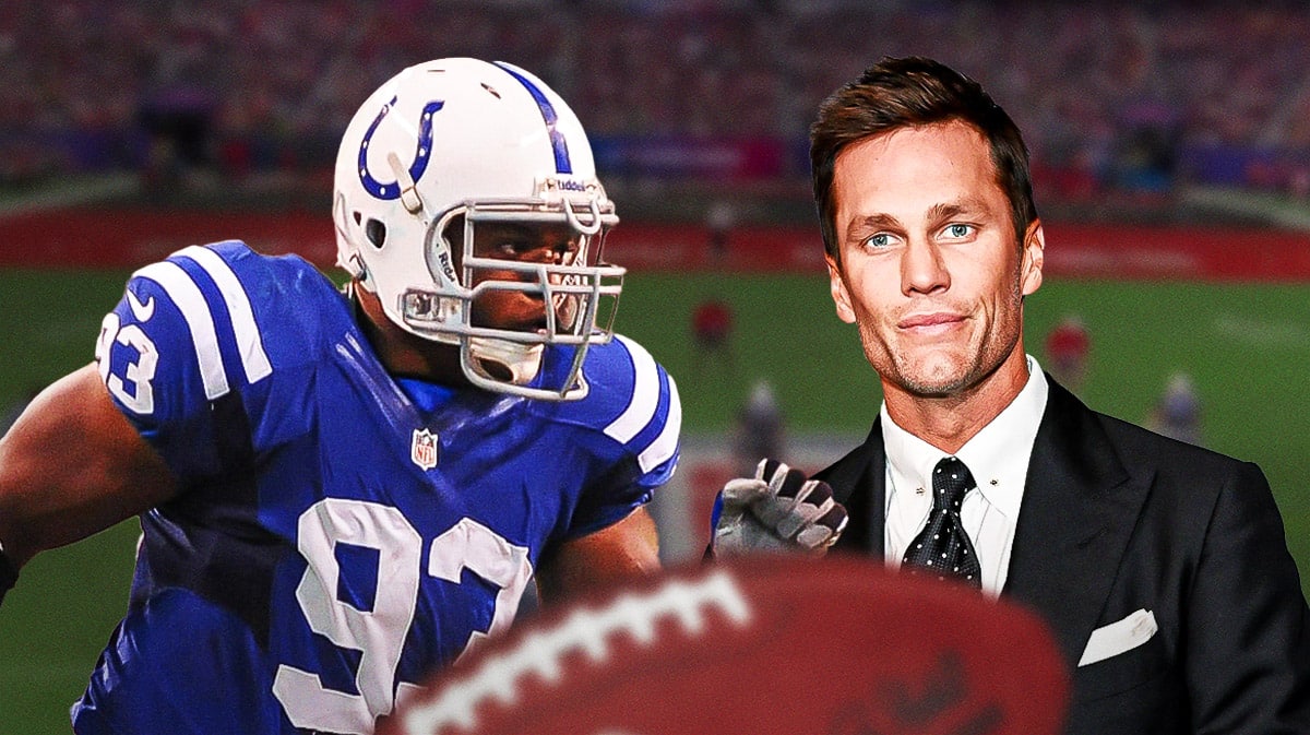 Former Indianapolis Colts star Dwight Freeney and Tom Brady in front of Lucas Oil Stadium.