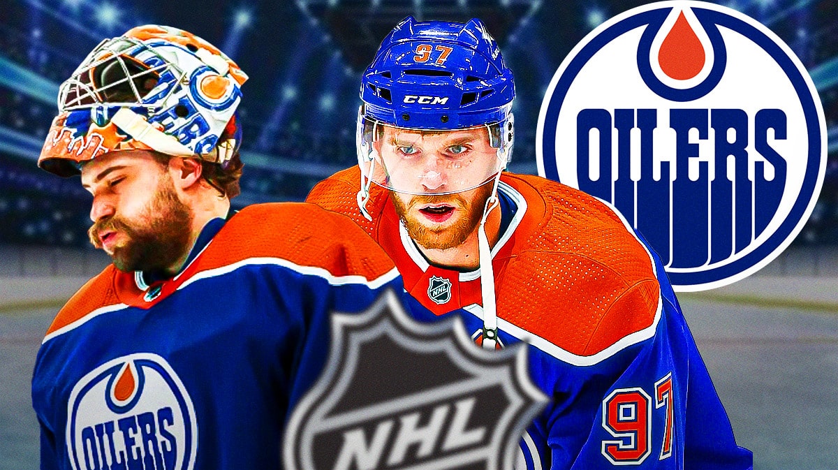 Stuart Skinner and a concerned Connor McDavid, Edmonton Oilers logo, hockey rink in background