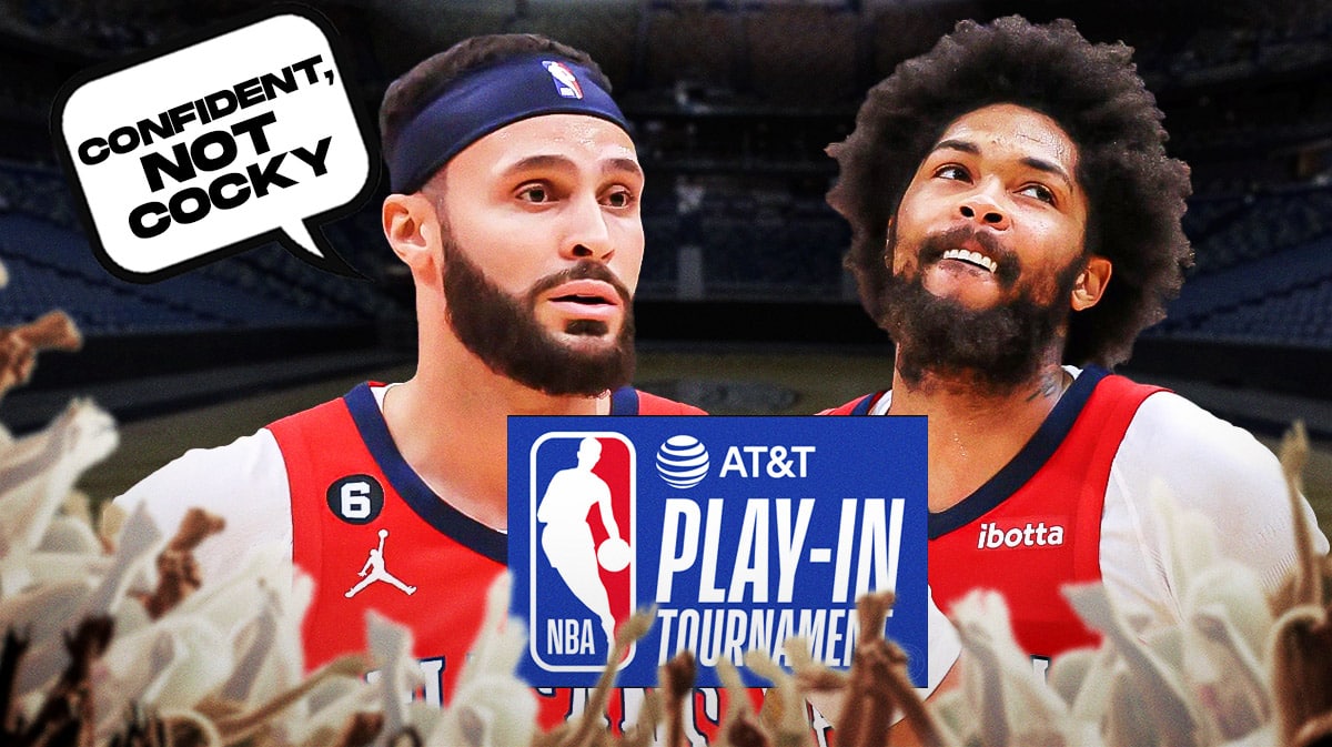 Pelicans Larry Nance Jr. telling Brandon Ingram "confident, not cocky" with the NBA Play-In Tournament logo included.