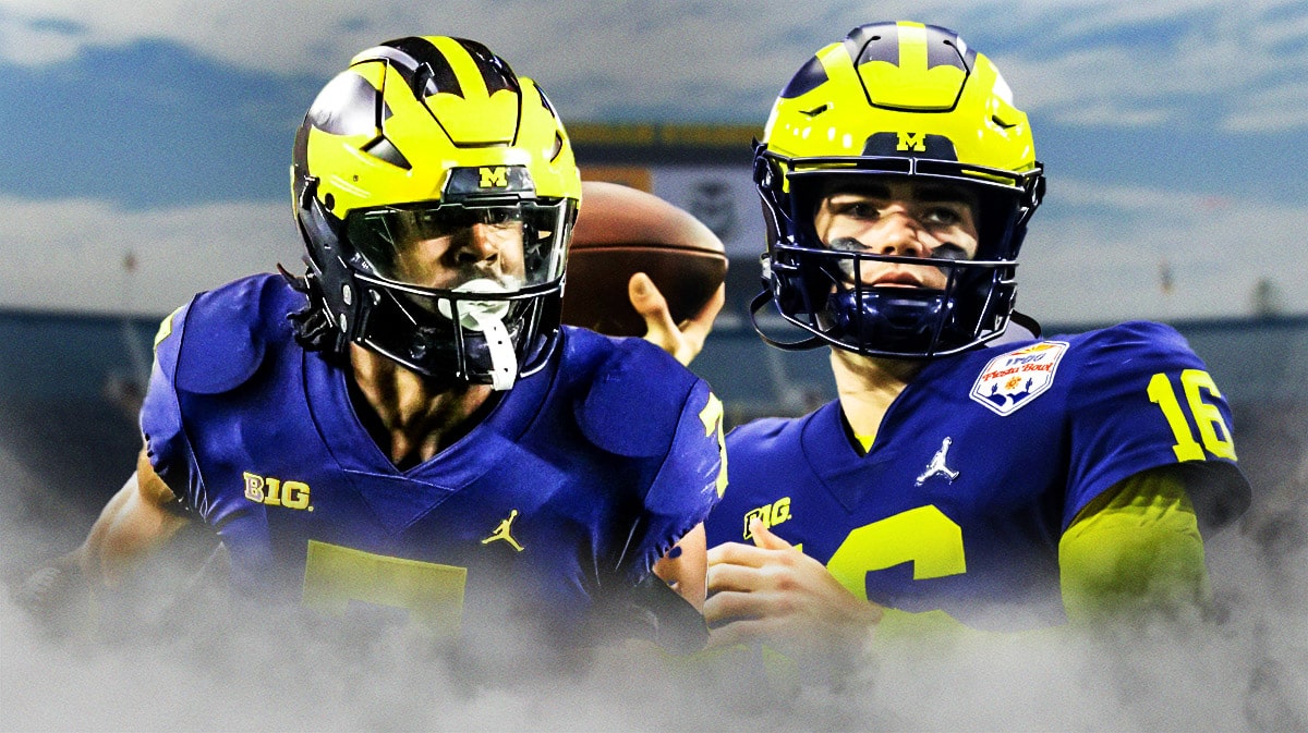 Michigan football, Wolverines, Michigan spring game, Donovan Edwards, Davis Warren, Donovan Edwards and Davis Warren in Michigan unis with Michigan football stadium in the background