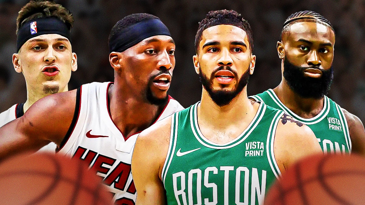 Miami Heat stars Bam Adebayo and Tyler Herro next to Boston Celtics stars Jayson Tatum and Jaylen Brown in front of the Kaseya Center.