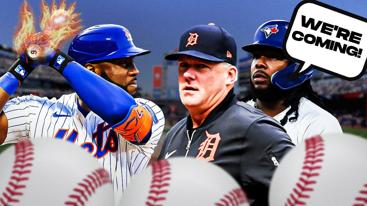 Blue Jays' Starling Marte with a flaming bat, Tigers manager AJ Hinch, Blue Jays star Vladimir Guerrero saying "We're coming!"