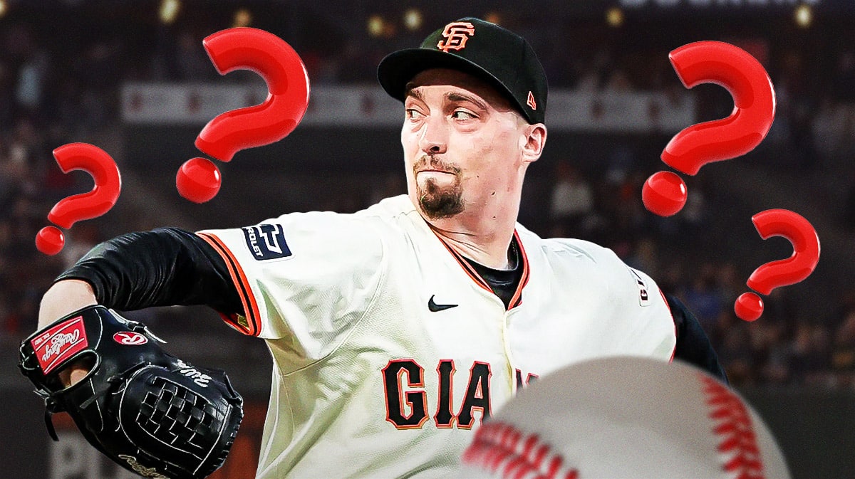 Blake Snell in a Giants uniform with question marks around him