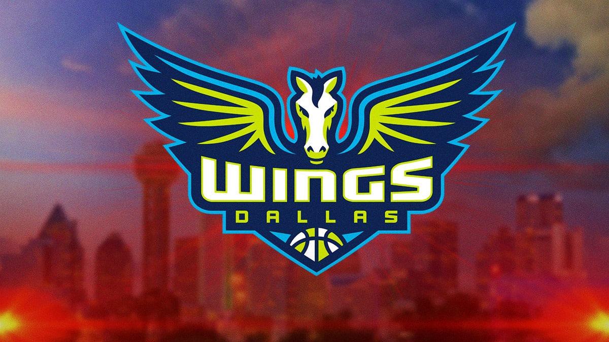 The WNBA Dallas Wings logo, in front of the downtown skyline of the city of Dallas, Texas