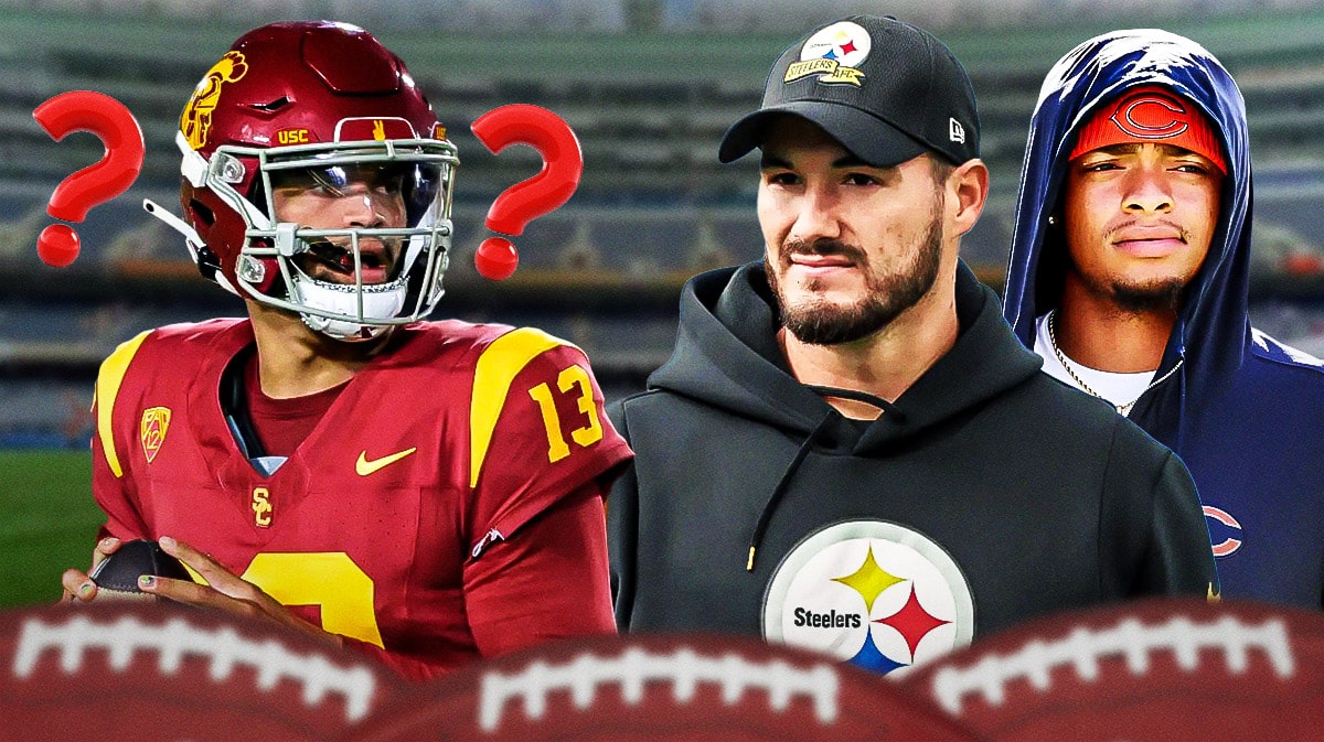 USC QB Caleb Williams in the middle of the picture with question marks surrounding his head. On either side of him are former Chicago Bears QBs Mitchell Trubisky and Justin Fields