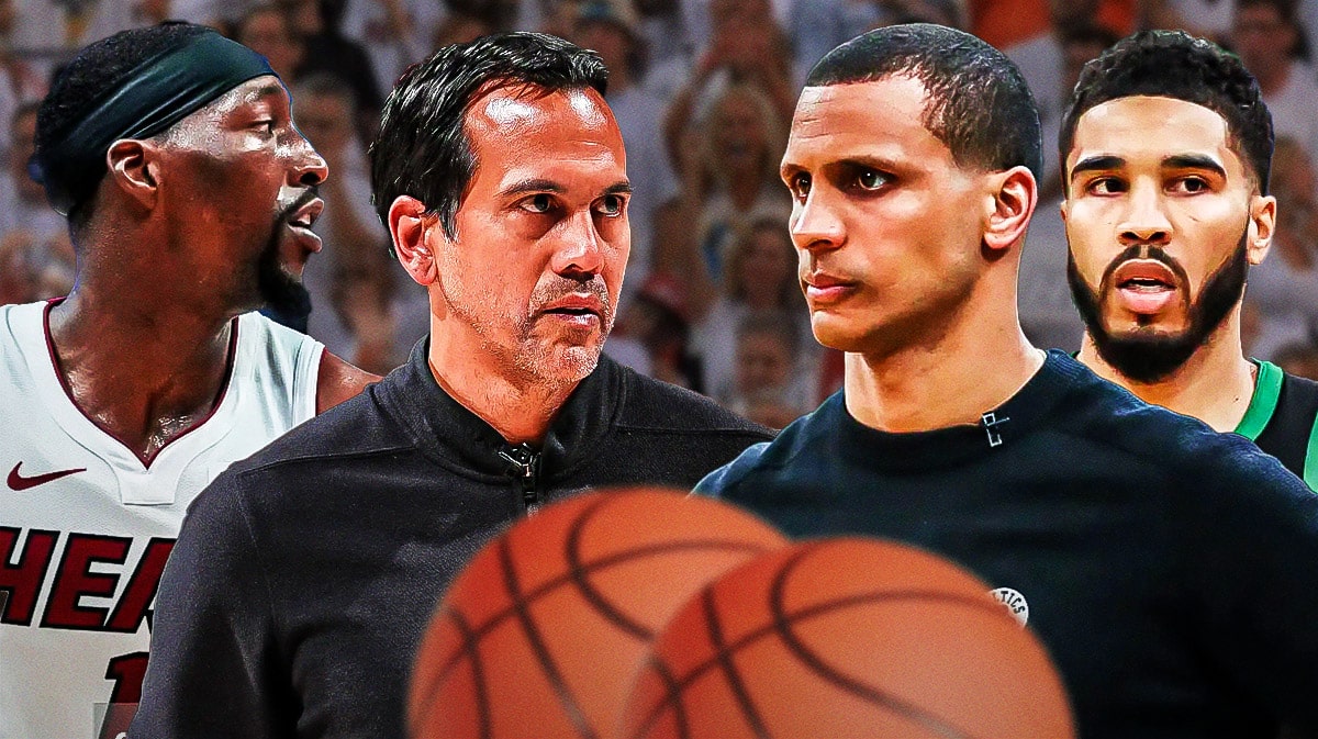 Miami Heat's Erik Spoelstra and Bam Adebayo looking at Boston Celtics' Joe Mazzulla and Jayson Tatum in front of the Kaseya Center.
