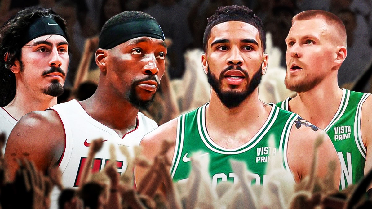 Miami Heat stars Bam Adebayo and Jaime Jaquez Jr. next to Boston Celtics stars Jayson Tatum and Kristaps Porzingis in front of TD Garden.