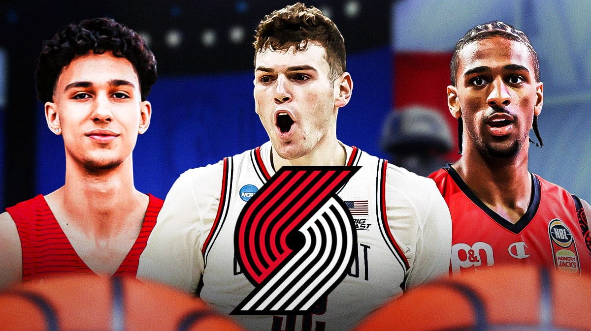 Blazers logo in the middle surrounded by Zaccharie Risacher (JL Bourg), Alex Sarr (Perth Wildcats), Donovan Clingan (UConn) with NBA draft background.
