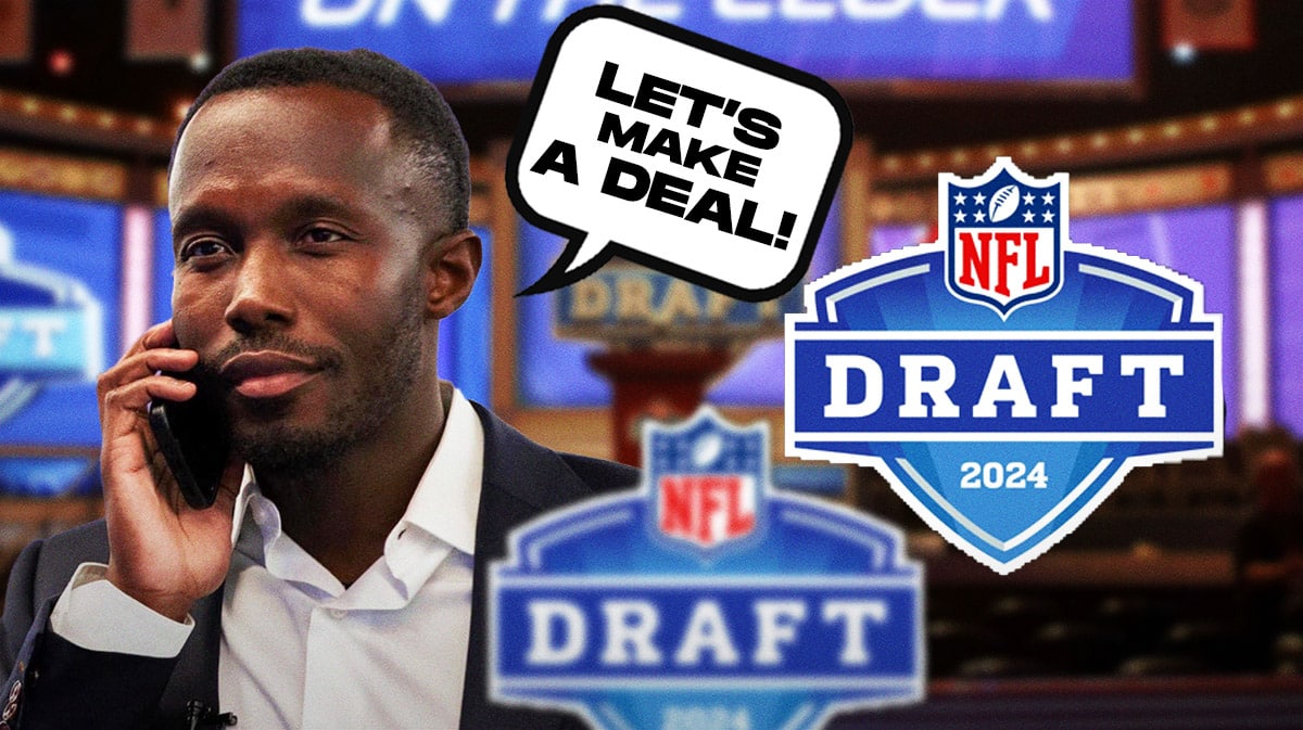 Minnesota Vikings general manager Kwesi Adofo-Mensah with a phone in his hand. Kwesi also has a speech bubble that says “Let’s make a deal!” Next to him is a logo for the 2024 NFL Draft.