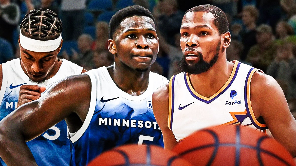 Minnesota Timberwolves players Jaden McDaniels and Anthony Edwards and Phoenix Suns player Kevin Durant